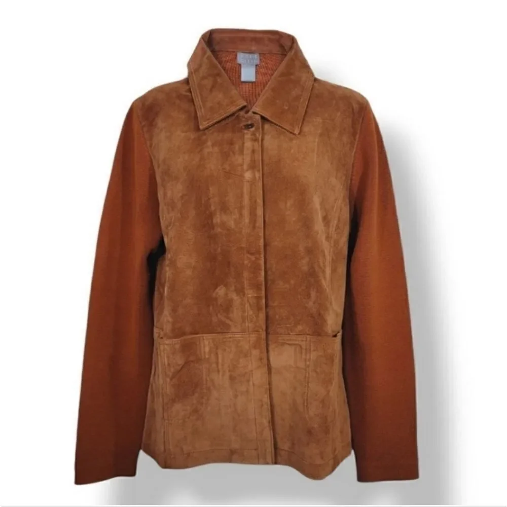 Sigrid Olsen Suede Leather and Silk Blend Knit Jacket in Pumpkin Size Medium - Picture 2 of 11